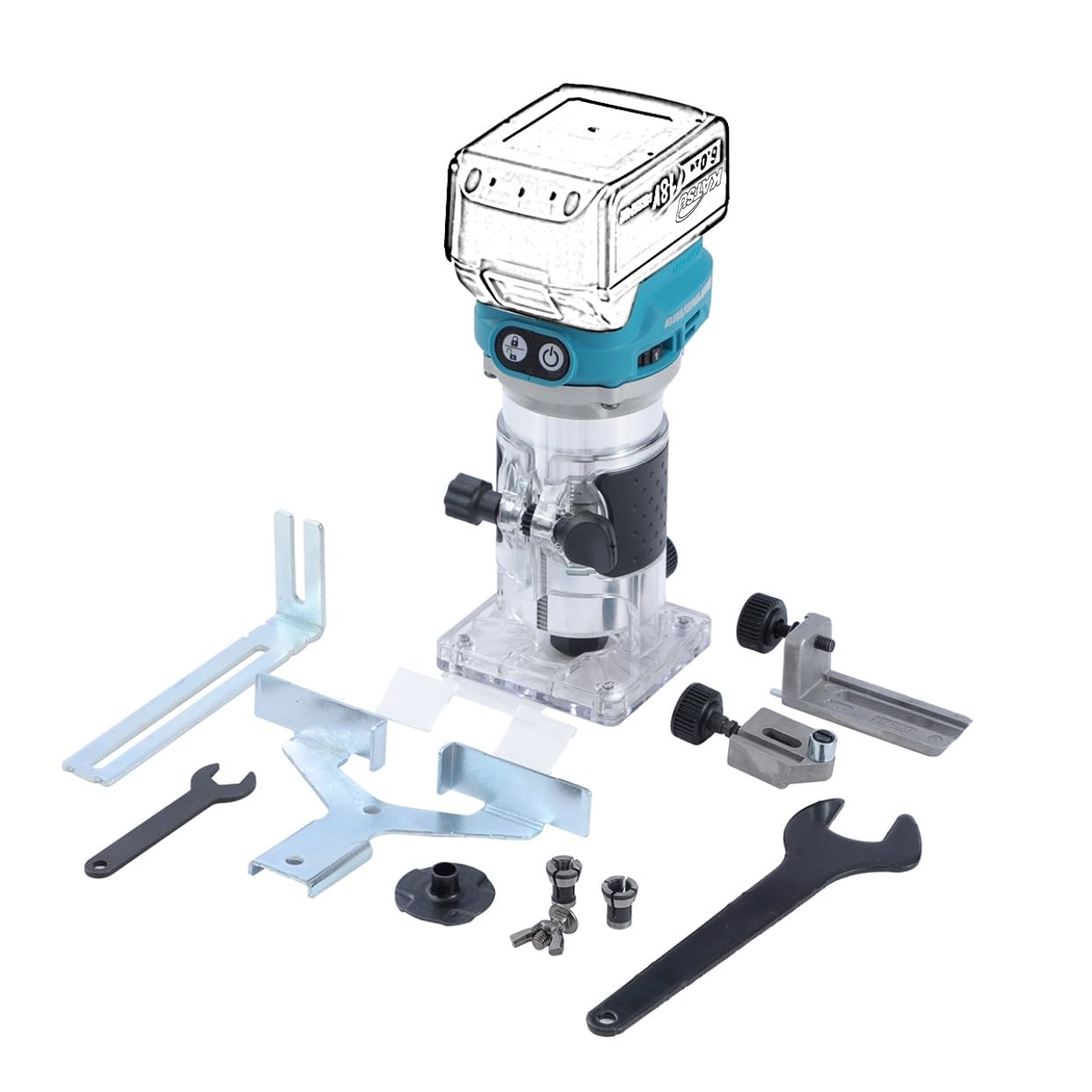 KATSU FIT-BAT 18V/21V Brushless Akku-Oberfräse Holzfräse Kantenfräse mit Trimmer-Basis, 3 Spannzangen 1/4", 6 mm und 8 mm, Ohne Akku und Ladegerät 102770