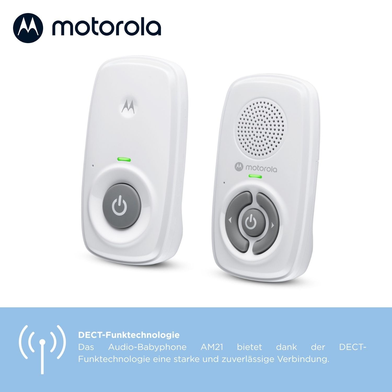 Motorola Nursery AM21 Audio-Babyphone – Digitaler Monitor mit DECT-Technologie zur Audioüberwachung – große Reichweite – hochempfindliches Mikrofon – Weiß