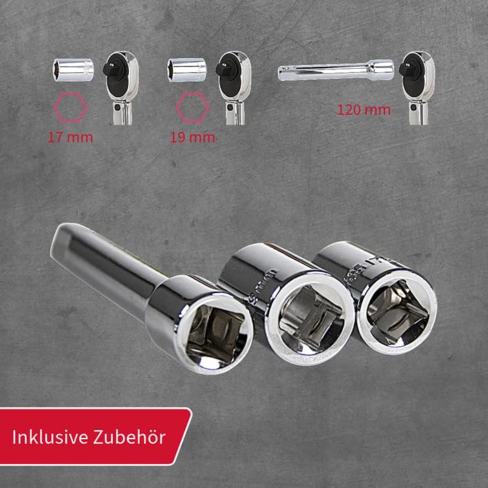 UNITEC Drehmomentschlüssel, Einstellbar von 40 bis 210 Nm, Antrieb 1/2" Vierkant, mit Stecknüssen 17/19 mm und Verlängerung, Silber