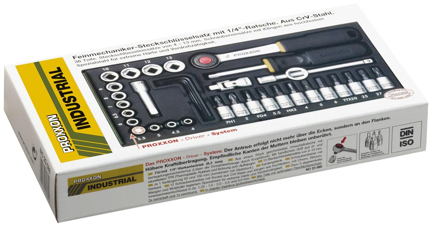 PROXXON Steckschlüsselsatz, Feinmechaniker-Satz mit 1/4"-Umschaltratsche sowie Schraubendrehergriff, 36-teiliges Werkzeug-Set mit Stahlkasten, 23080, 30 x 12.5 x 5 cm