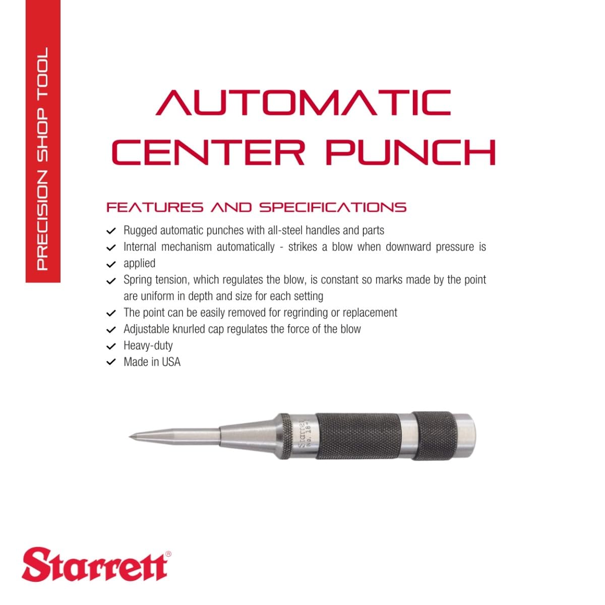 Starrett 18C Automatik-Körner Heavy-Duty mit einstellbarem Hub, 5-1/4" Länge, 11/16" Durchmesser