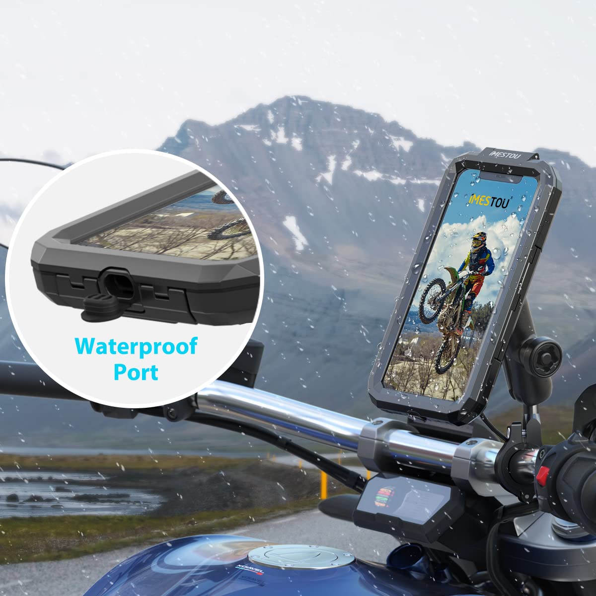 iMESTOU wasserdichte Motorrad Telefon Halterung Fahrrad Telefonhalterung 1 "Kugel Lenker Stamm Mobiler Halter Anti-Dieb 720 ° Rotations Aluminiumbasis für 5,5" -6.8 "Cellphones (L)
