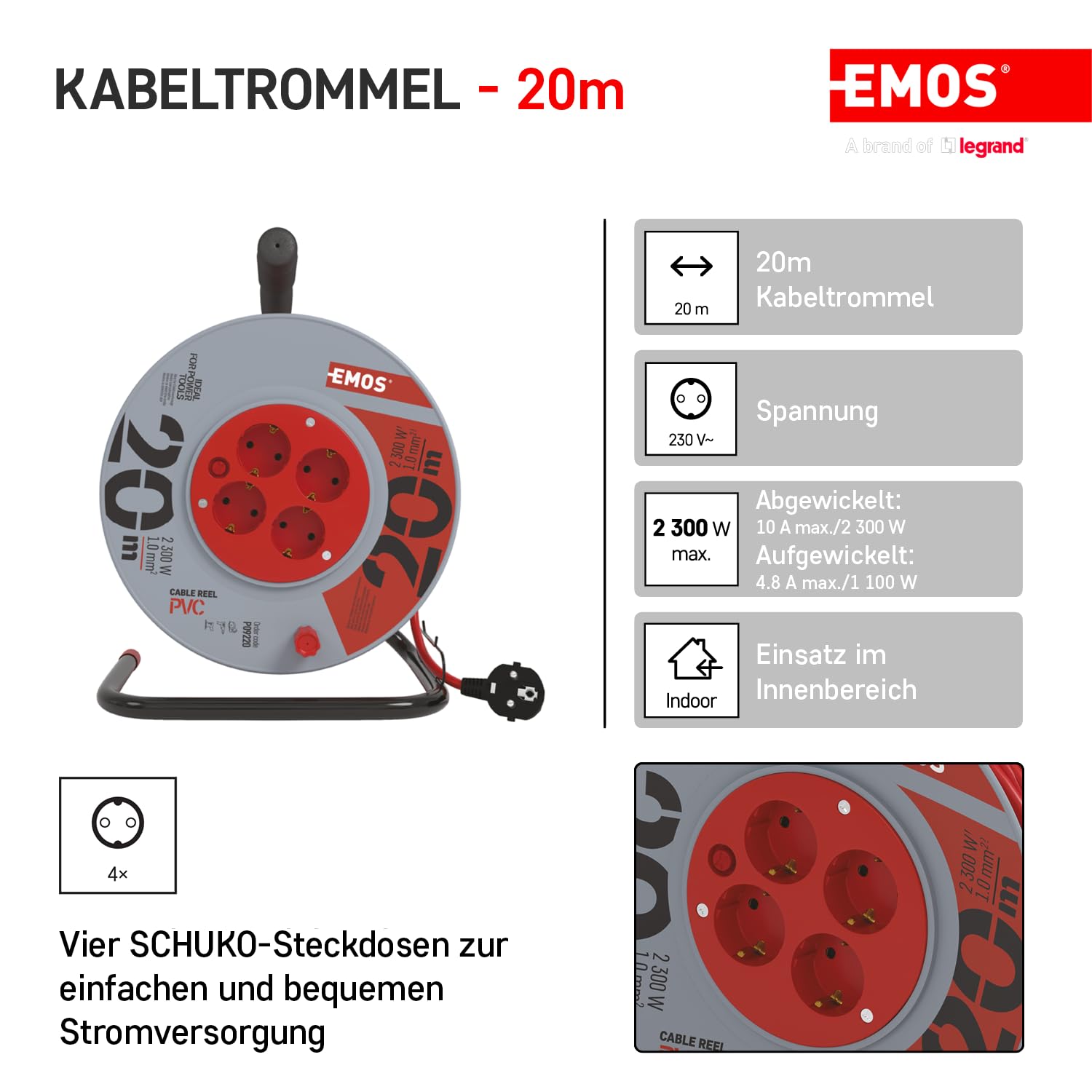 EMOS - Kabeltrommel 20m - 4 Schuko-Steckdosen - 230 V, 10 A, 2300 W - hochwertige PVC-Isolierung - H05VV-F3G 1,0 mm2 - Überhitzungsschutz, Spulenbremse - IP20 für Innen