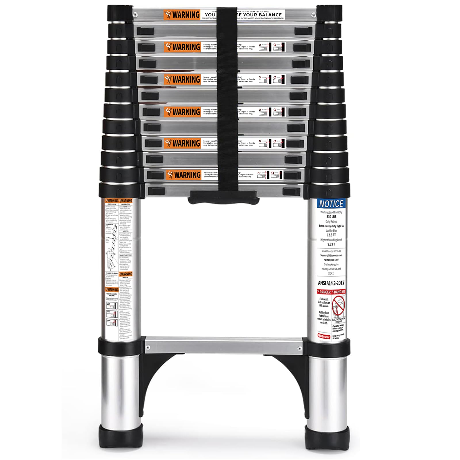 HBTower Teleskopleiter 3,8 m aus Aluminium, Klappbare Ausziehleiter mit Rutschfesten Füßen, Robust & Tragbar, Tragkraft 150 kg, Ideal für Dachrinnenreinigung & Außenreparaturen, Silber