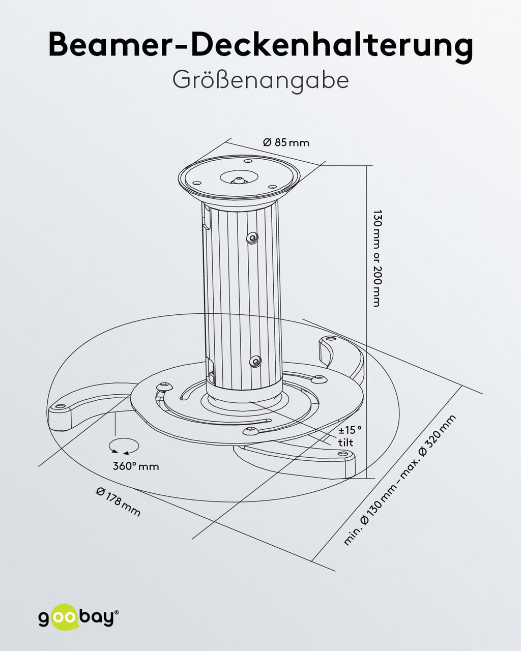 Goobay BeamerFlex Projektor-Deckenhalterung – für kleine bis mittlere Größen (bis zu 10 kg) – beweglich um 15° neigbar und 360° schwenkbar – Höhenverstellung – einfache Installation – Weiß 51896