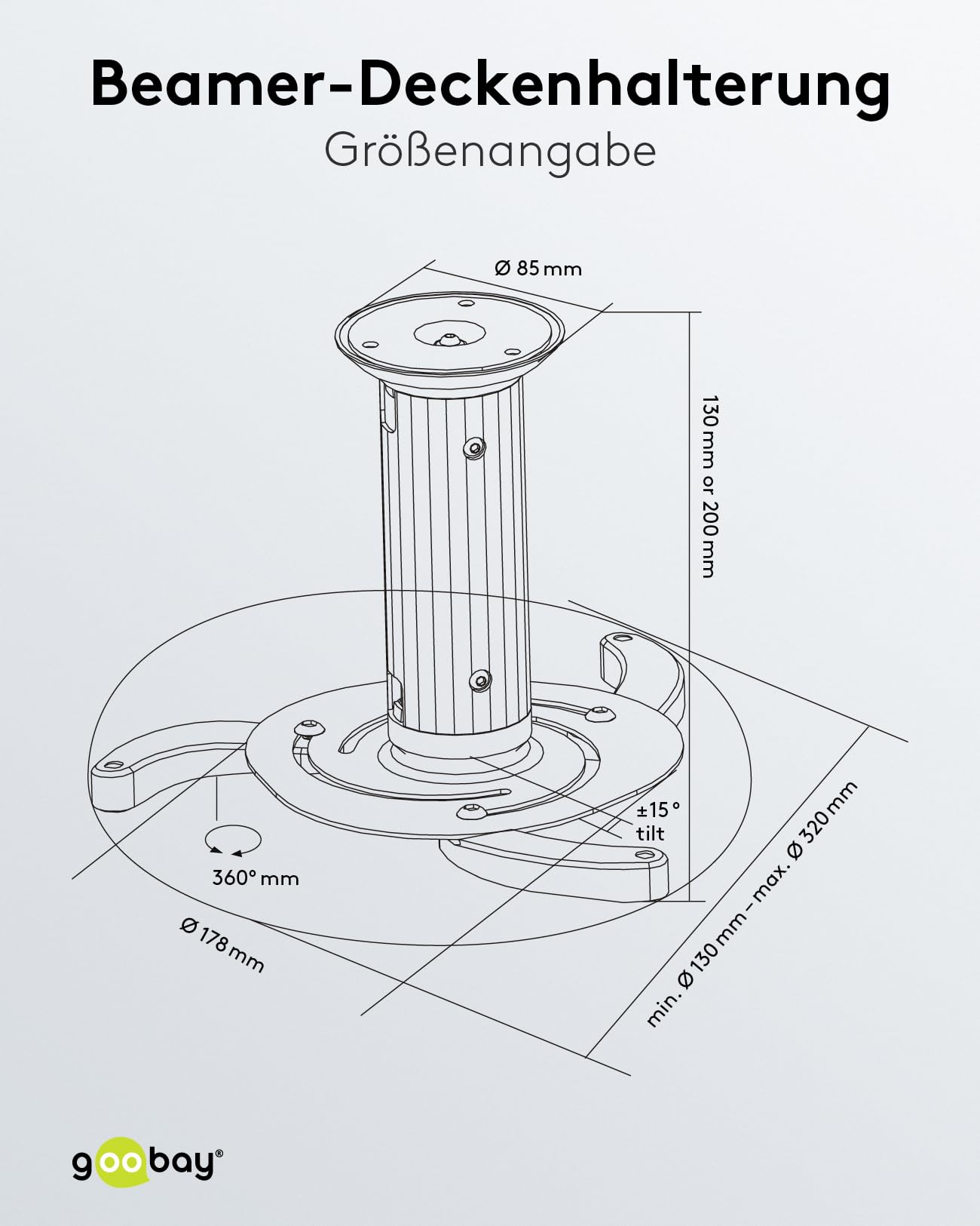 Goobay BeamerFlex Projektor-Deckenhalterung – für kleine bis mittlere Größen (bis zu 10 kg) – beweglich um 15° neigbar und 360° schwenkbar – Höhenverstellung – einfache Installation – Weiß 51896