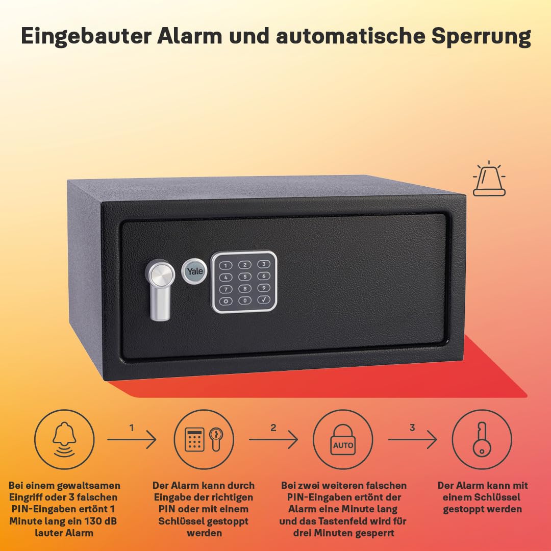 Yale Elektronischer Tresor mit Alarm YLC/200/DB2, 24 L, Schwarz – 3–6-stelliger PIN-Code, Mastercode, Doppelbolzenverriegelung, inkl. 2 Schlüssel, ideal für Laptop, Hotel & Zuhause