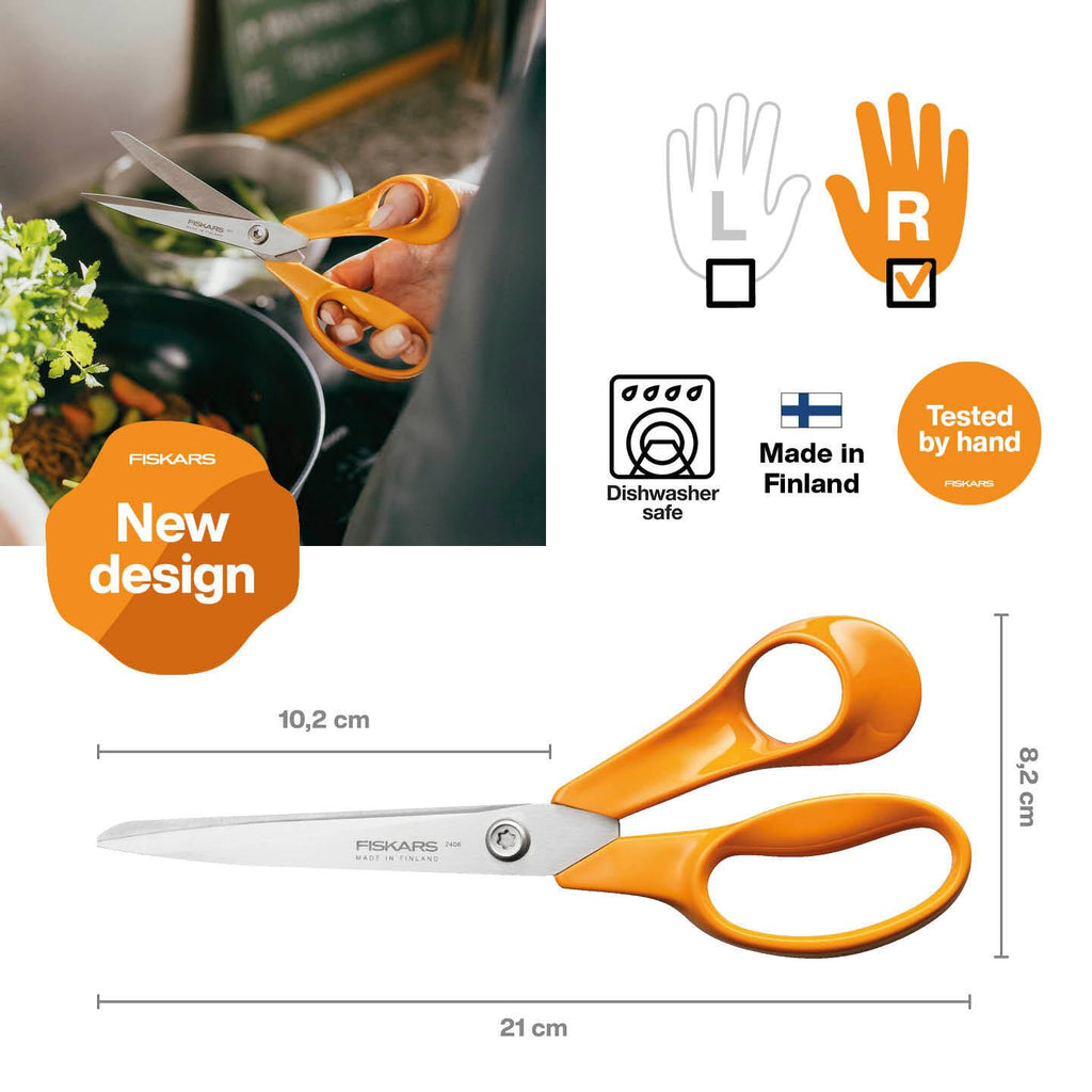 Fiskars Classic Universal-Küchenschere, Rechtshändig, Gesamtlänge: 21 cm, Verbesserte Torx-Schraube und ergonomischerer Griff, Nachhaltige Verpackung, Qualitätsstahl/Kunststoff, Orange, 1075031