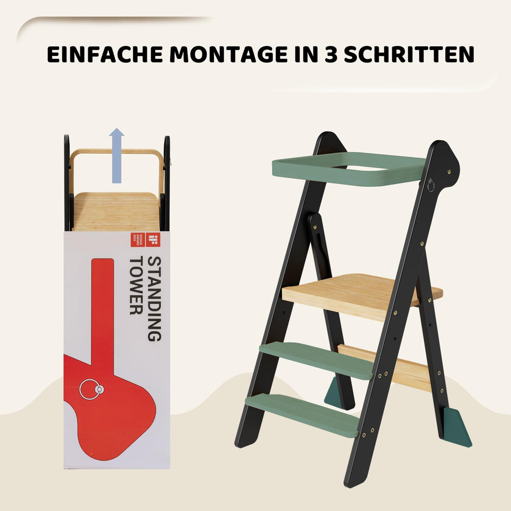 COSYLAND Lernturm ab 1 Jahr klappbar – iF Design Award Gewinner, höhenverstellbarer Lernturm mit Sicherheitsnetz, Montessori Learning Tower/Lernstuhl für Kinder, Foldi (Schwarz & Natur)