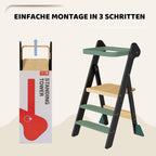 COSYLAND Lernturm ab 1 Jahr klappbar – iF Design Award Gewinner, höhenverstellbarer Lernturm mit Sicherheitsnetz, Montessori Learning Tower/Lernstuhl für Kinder, Foldi (Schwarz & Natur)