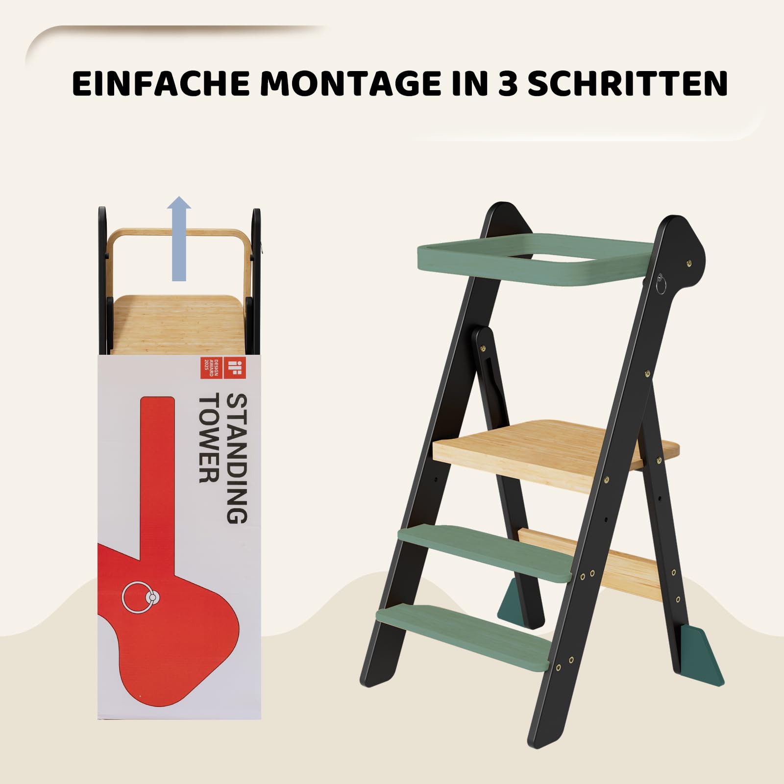 COSYLAND Lernturm ab 1 Jahr klappbar – iF Design Award Gewinner, höhenverstellbarer Lernturm mit Sicherheitsnetz, Montessori Learning Tower/Lernstuhl für Kinder, Foldi (Schwarz & Natur)