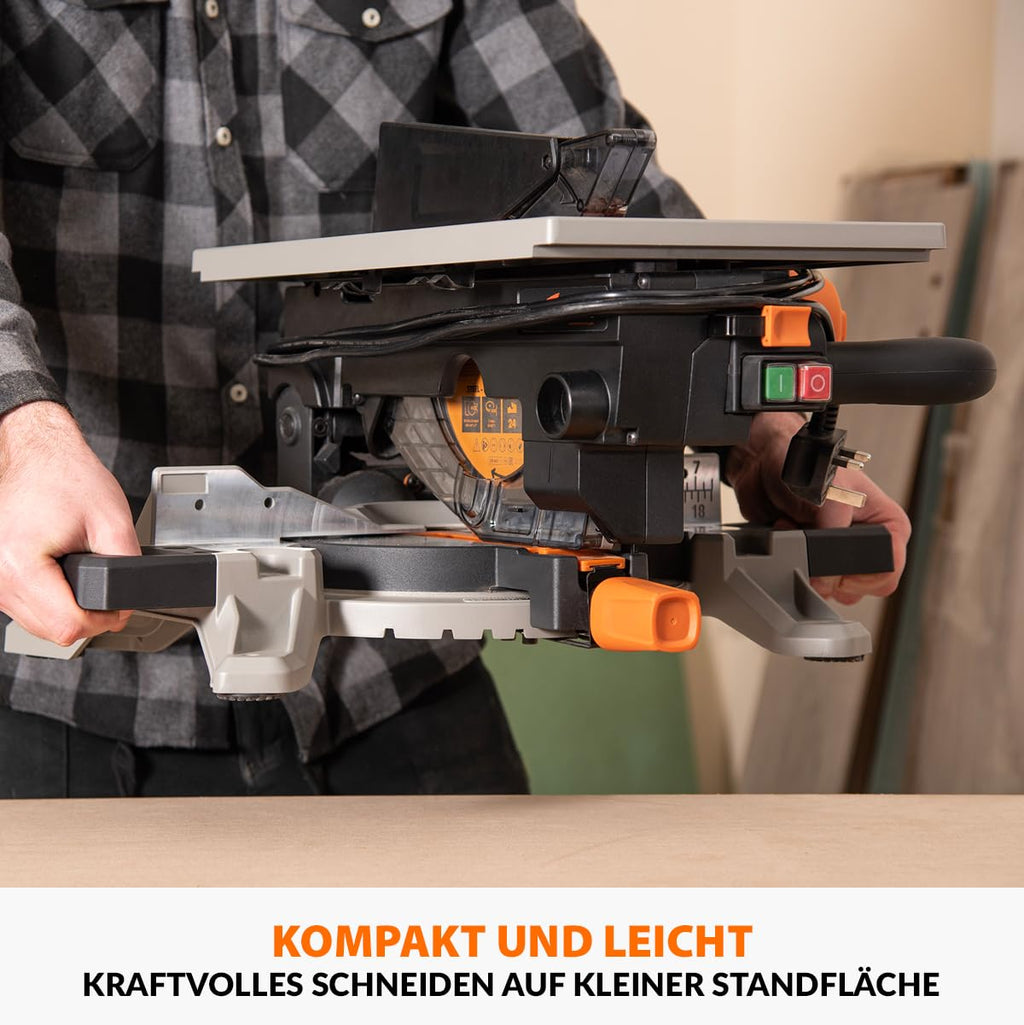 Evolution Power Tools R210MTS-G2 Vielseitige Kapp- und Tischsäge, kompakt, multifunktional, schneidet verschiedene Materialien, TCT-Sägeblatt für Holz, Kunststoff und Metall, 210mm