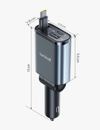 Lamicall 3 IN 1 Zigarettenanzünder USB C Auto Ladegerät -【2026 Super Kompakt】50W USB Adapter Auto Schnellladegerät mit einziehbare Typ-C Kabel/USB C/USB A, 24/12V KFZ Ladegerät Auto für iPhone/Samsung