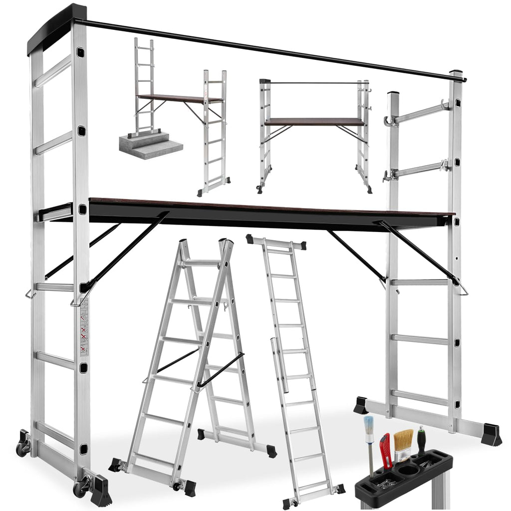 TecTake Gerüst, Leiter 4 in 1, Mobile Mehrzweckleiter, Arbeitsbühne, Baugerüst, Alu Gerüst, Rollgerüst mit Arbeitsplattform, Haushaltsleiter, belastbar bis max. 150 Kg - Silber