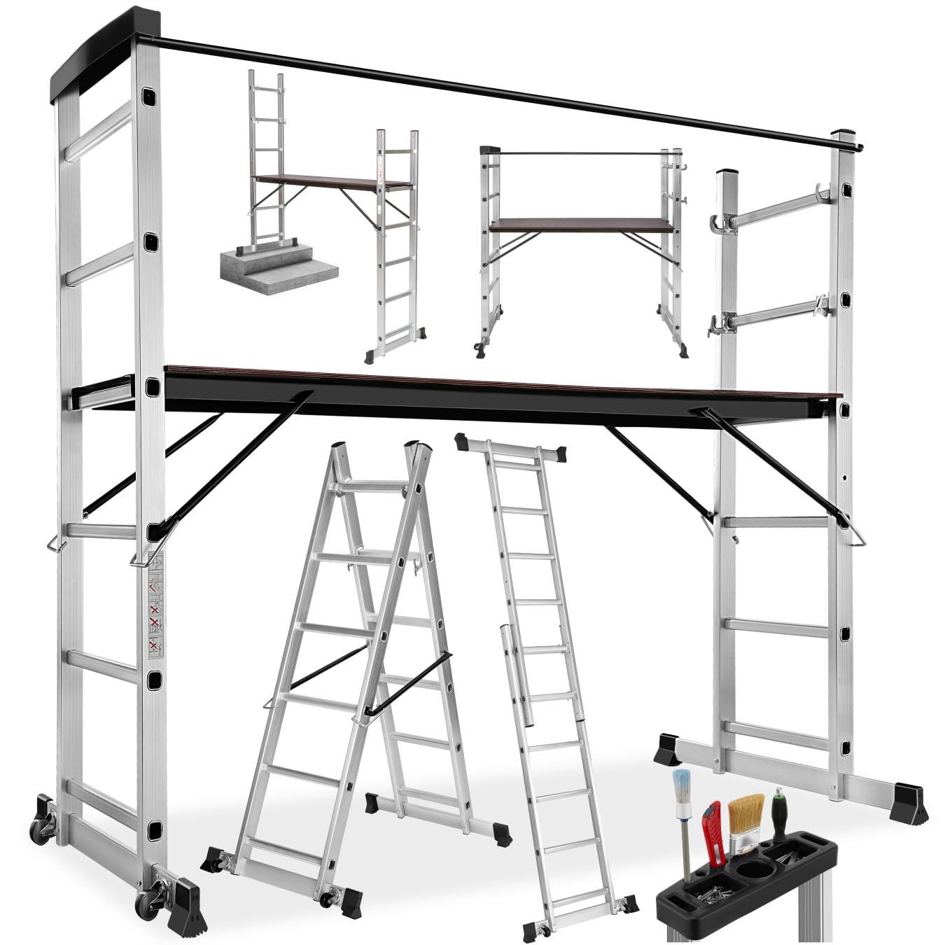 TecTake Gerüst, Leiter 4 in 1, Mobile Mehrzweckleiter, Arbeitsbühne, Baugerüst, Alu Gerüst, Rollgerüst mit Arbeitsplattform, Haushaltsleiter, belastbar bis max. 150 Kg - Silber