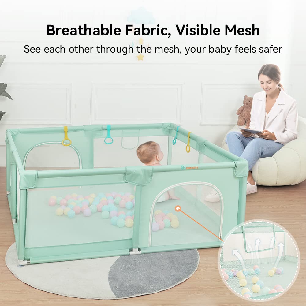 COMOMY Laufstall Baby, 180x200x66cm Laufgitter Baby Große XXL Sicherheitsspielplatz Schutzgitter für Kinder mit Weichem Netz, Rutschfestem Oxford Bottom, Bällen, Mini-Körbchen und 4 Zugringen, Grün