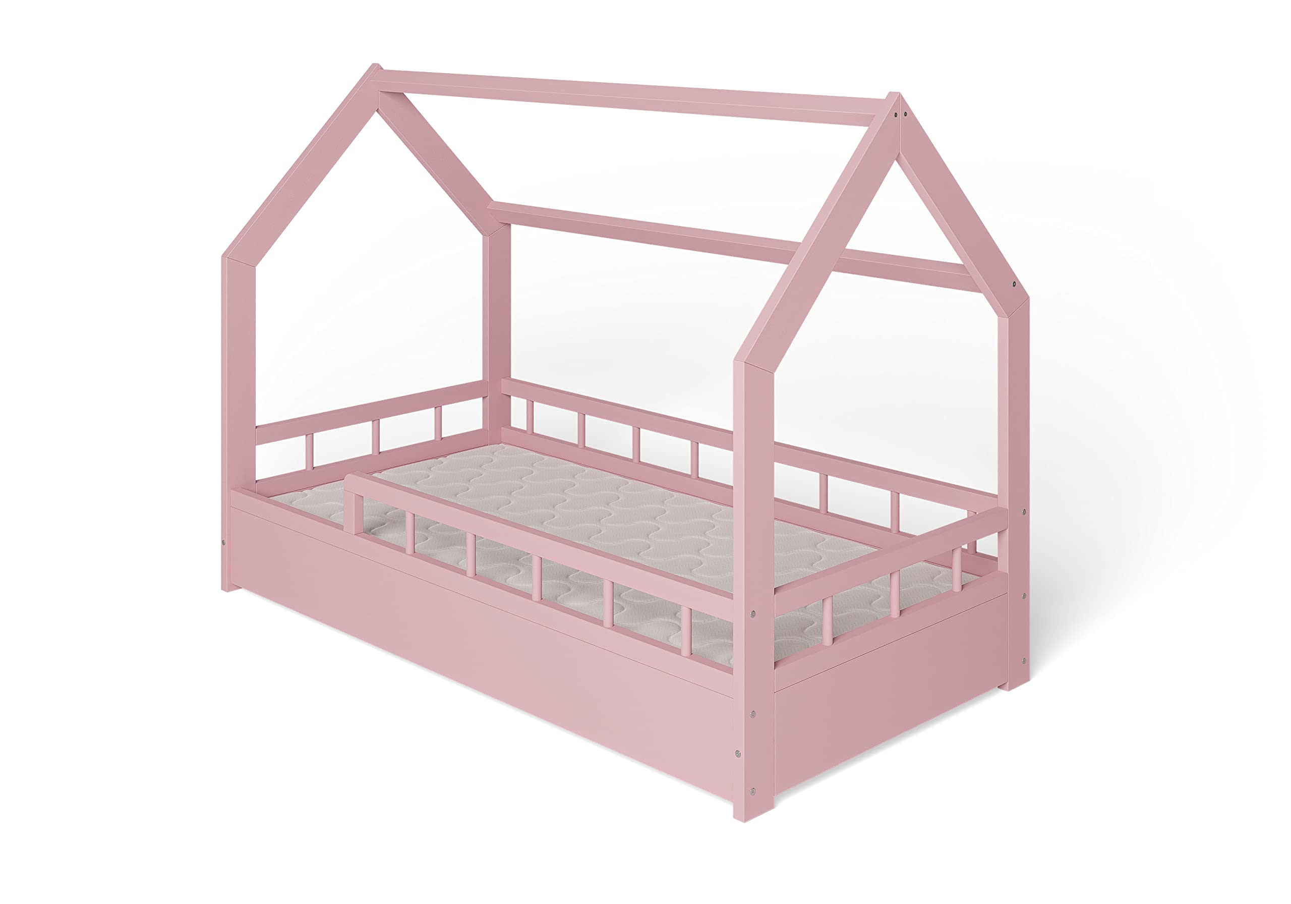 ms factory Hausbett mit Matratze Kinderbett 80x160 cm mit Rausfallschutz und Lattenrost - Einzelbett aus Kiefernholz für Mädchen und Junge - Rosa