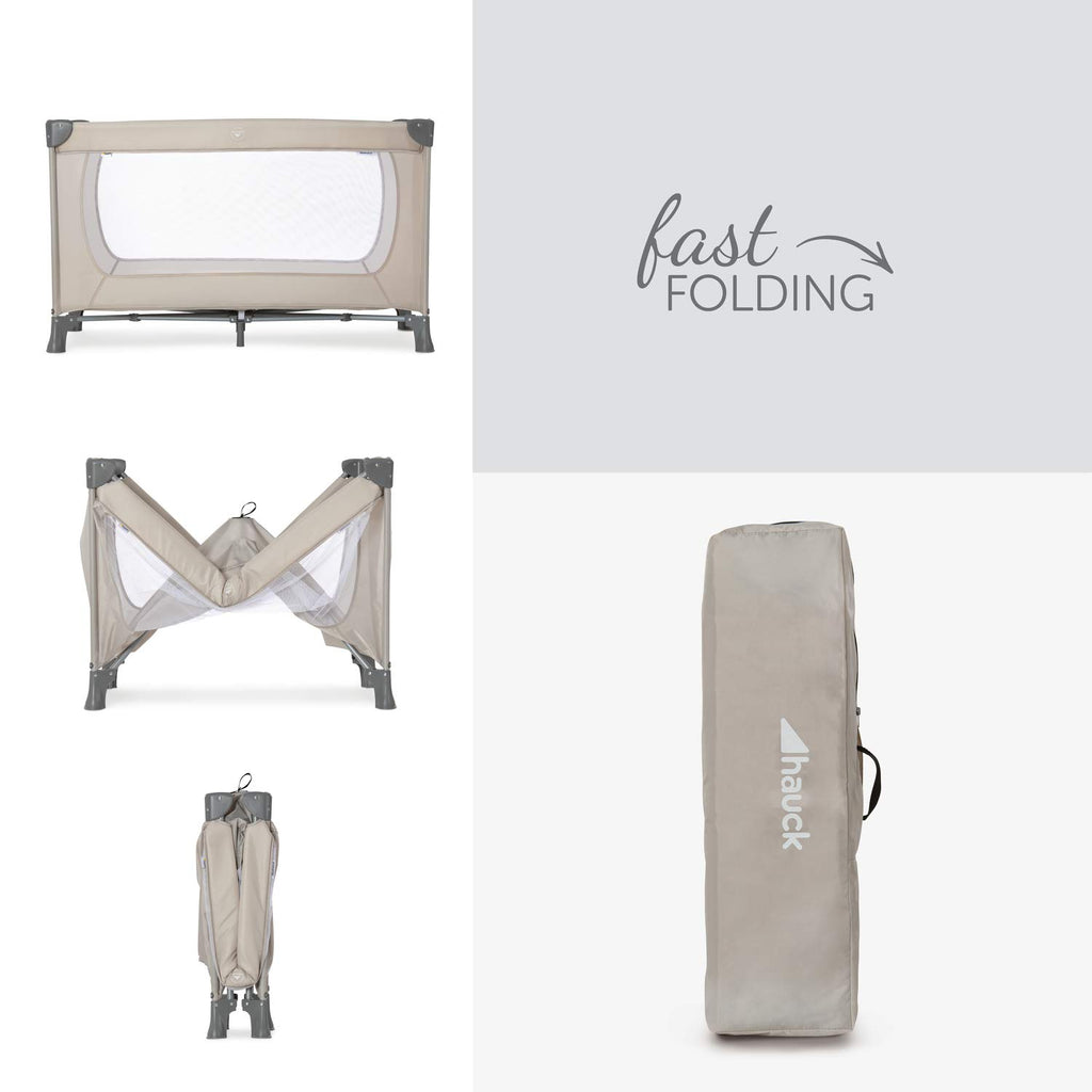 hauck Kinderreisebett Dream N Play ab Geburt bis 15 kg, Klein Zusammenklappbar inkl. Tragetasche und Faltboden, Liegefläche 120 x 60 cm (Beige)