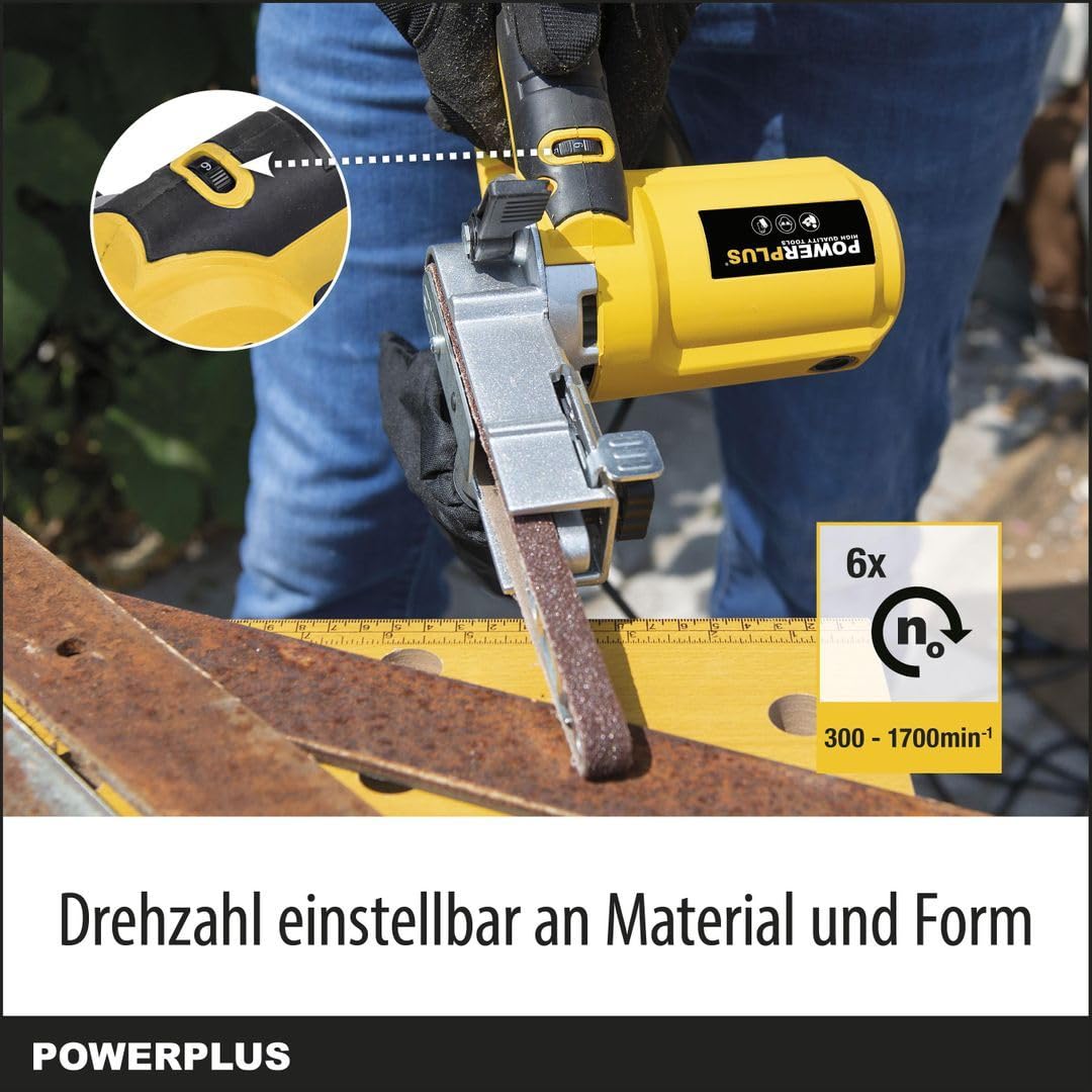 Powerplus Elektro-Feilenschleifer POWX139-400W Elektrowerkzeug Bandschleifer - Fingerschleifer Schleifband 457x13mm - 1700min-1 - Handschleifer mit Aufbewahrungskoffer - mit 10 Acc.