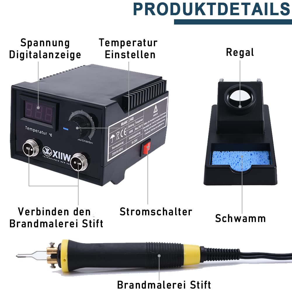 Brandmalerei 100W mit 23-teilig Spitz und zwei Stiften, Holzbrenner Brennkolben Set, Temperatur Einstellbar 0-750°C, Brandmalstation Brandmalkolben Brandmalgeräte für Holz, Leder und Kork