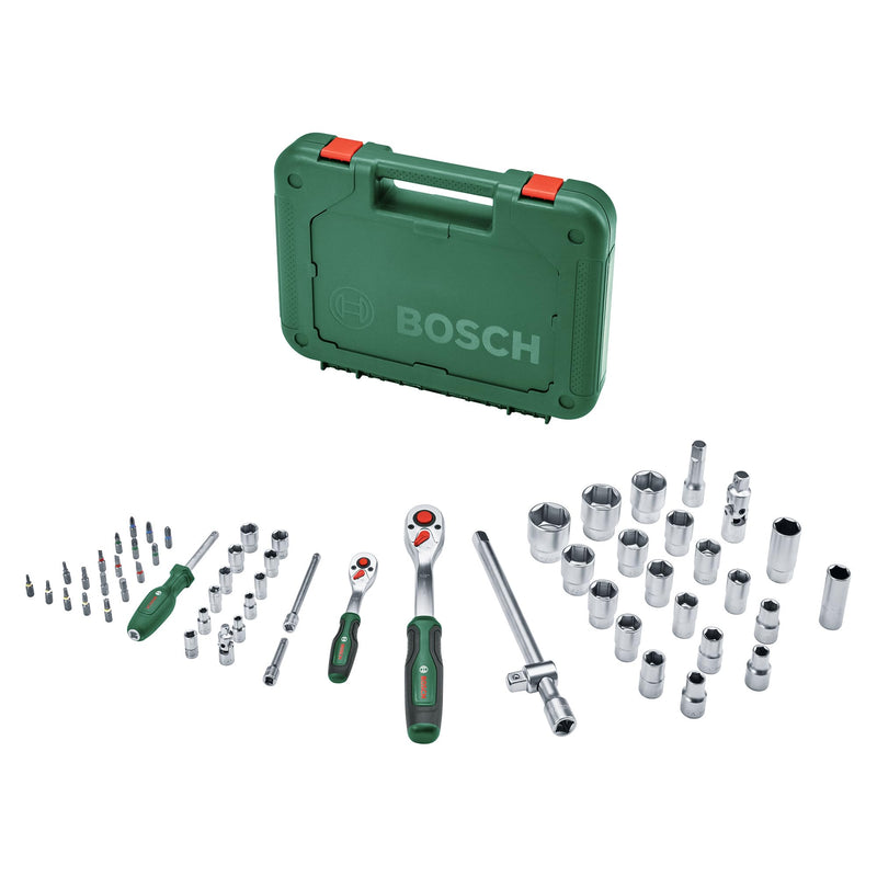 Bosch Ratschen Set 1/4" + 1/2", 57-teilig (Zwei robuste Ratschen; 55 Zubehöre; Hohes Drehmoment; Verriegelungsknopf; Intuitiver Richtungswechsel; Gebogener Hals; Ergonomischer Softgrip; Tragekoffer)