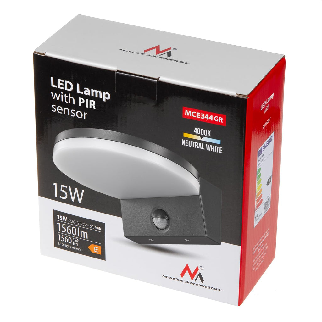 Maclean MCE344 LED Wandleuchte mit PIR Bewegungssensor und Dämmerungssensor, 15W 1560lm Wandlampe IP65 Wasserdicht Außenlampe 4000K Neutralweiß, für Außen- und Innenbereich (Grau)