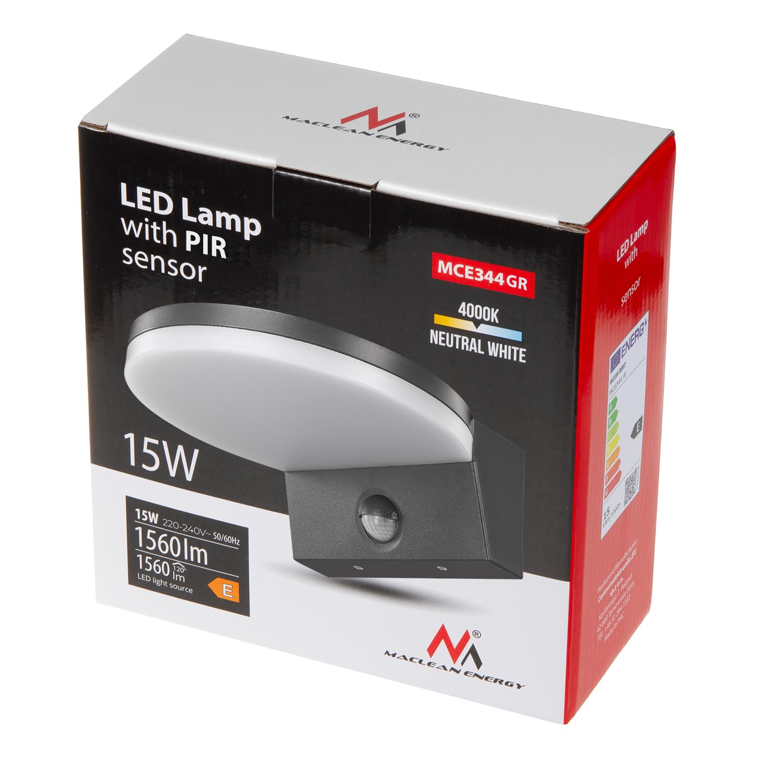 Maclean MCE344 LED Wandleuchte mit PIR Bewegungssensor und Dämmerungssensor, 15W 1560lm Wandlampe IP65 Wasserdicht Außenlampe 4000K Neutralweiß, für Außen- und Innenbereich (Grau)