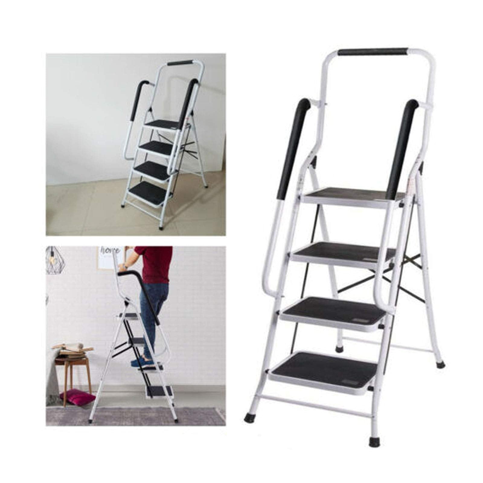 4 Stufen Klappleiter mit Handlauf Trittleiter Klappbar Tragbare kompakte Leiter Rutschfeste Matte Einfache Aufbewahrung Stehleiter für Home Kitchen Office DIY 150 kg max Belastung