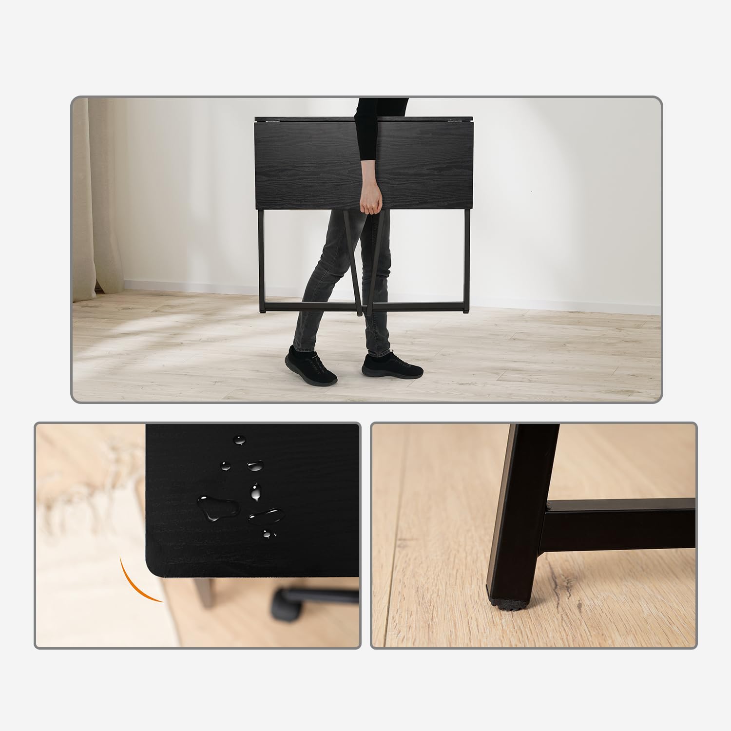 MEUBLE COSY Klapptisch Kleiner Klappbarer Schreibtisch Laptoptisch aus Holz und Metall Computertisch fürs Büro, Wohnzimmer, Home Office, Industrie-Design, Schwarz