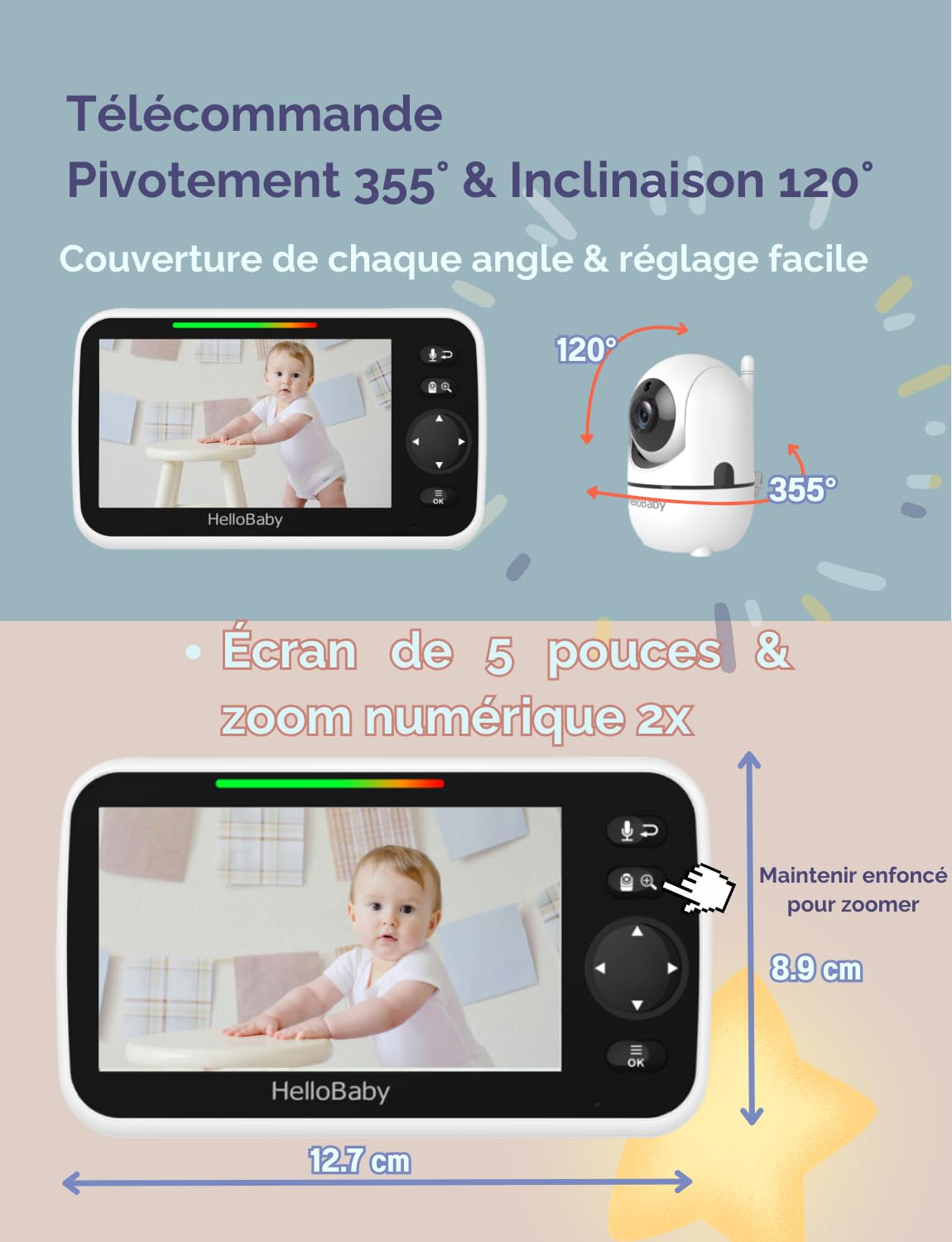HelloBaby Babyphone mit 2 Kameras, Kein WLAN, 5" Geteilter Bildschirm, 355°/120° Schwenken-Neige Babyphone, ECO, 2 Wege Audio, Nachtsicht, 3500 mAh Akku, 8 Schlaflieder