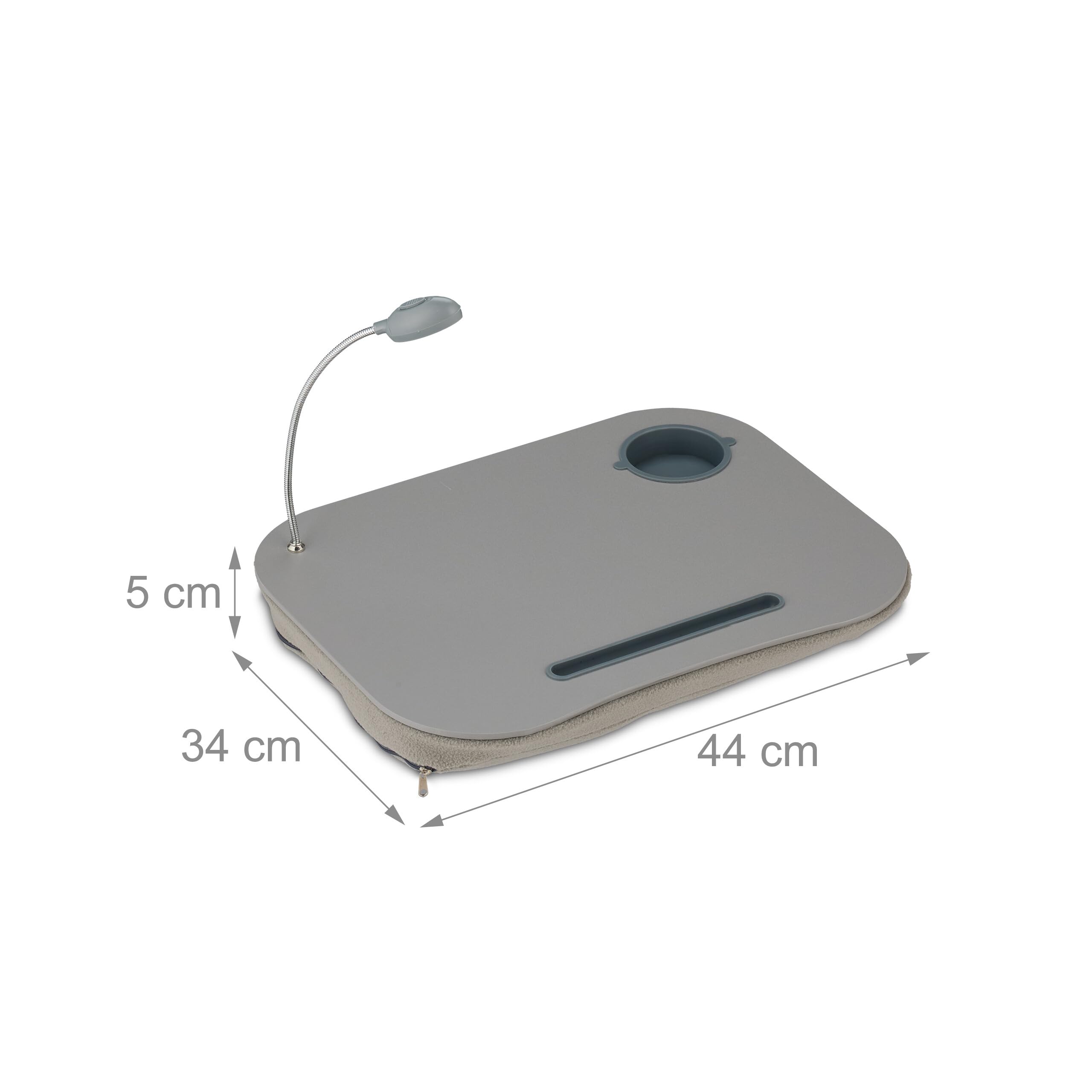 Relaxdays Laptopkissen, LED-Licht, tragbar, flacher Lapdesk, mit Getränkehalter, weiches kleines Schosstablett, grau