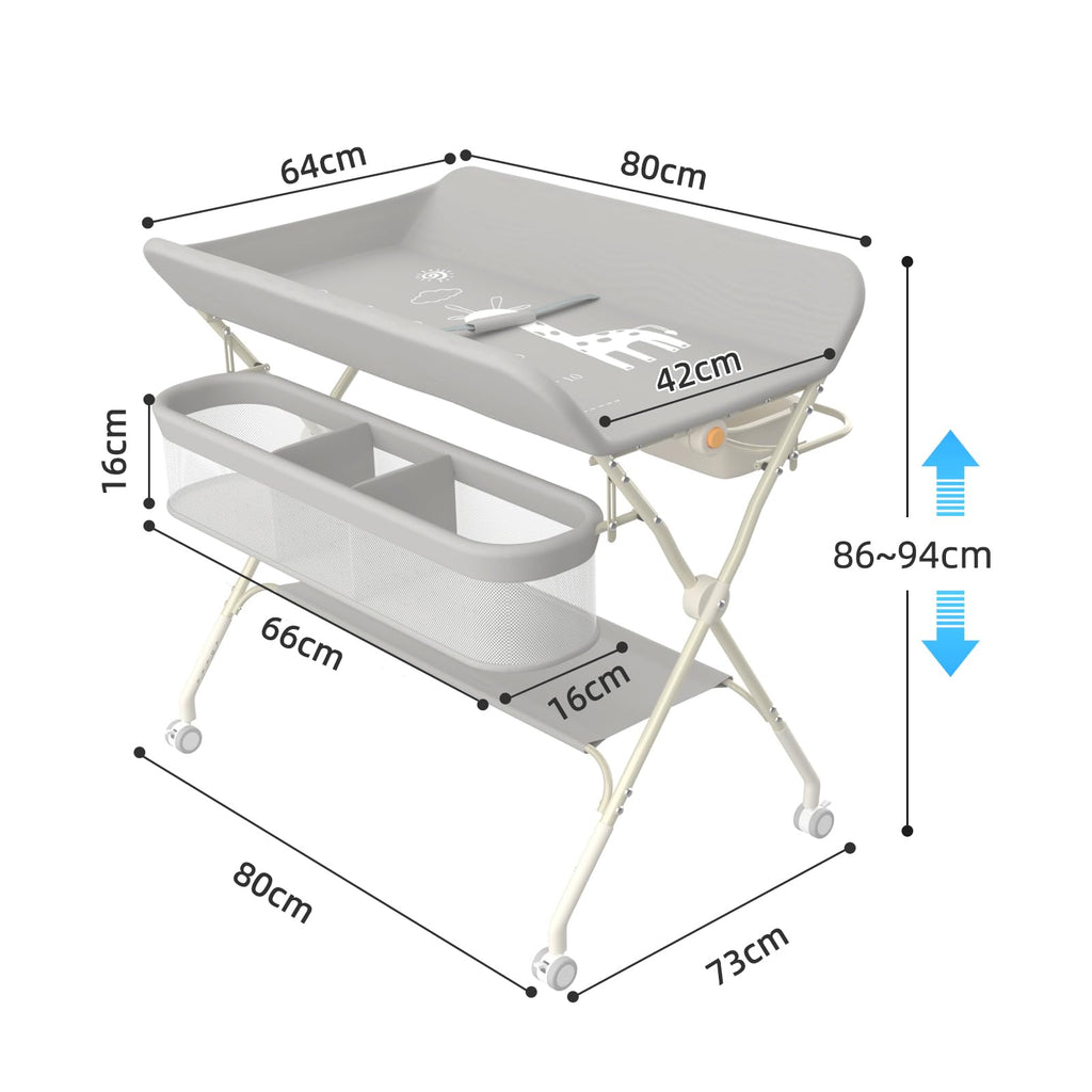 Wickelstation mit Seitenkorb, höhenverstellbarer tragbarer Wickeltisch mit feststellbaren Rädern, multifunktionaler Aufbewahrungs-Organizer fürs Kinderzimmer,75 x 68 x 83–91 cm (A) (Grau)