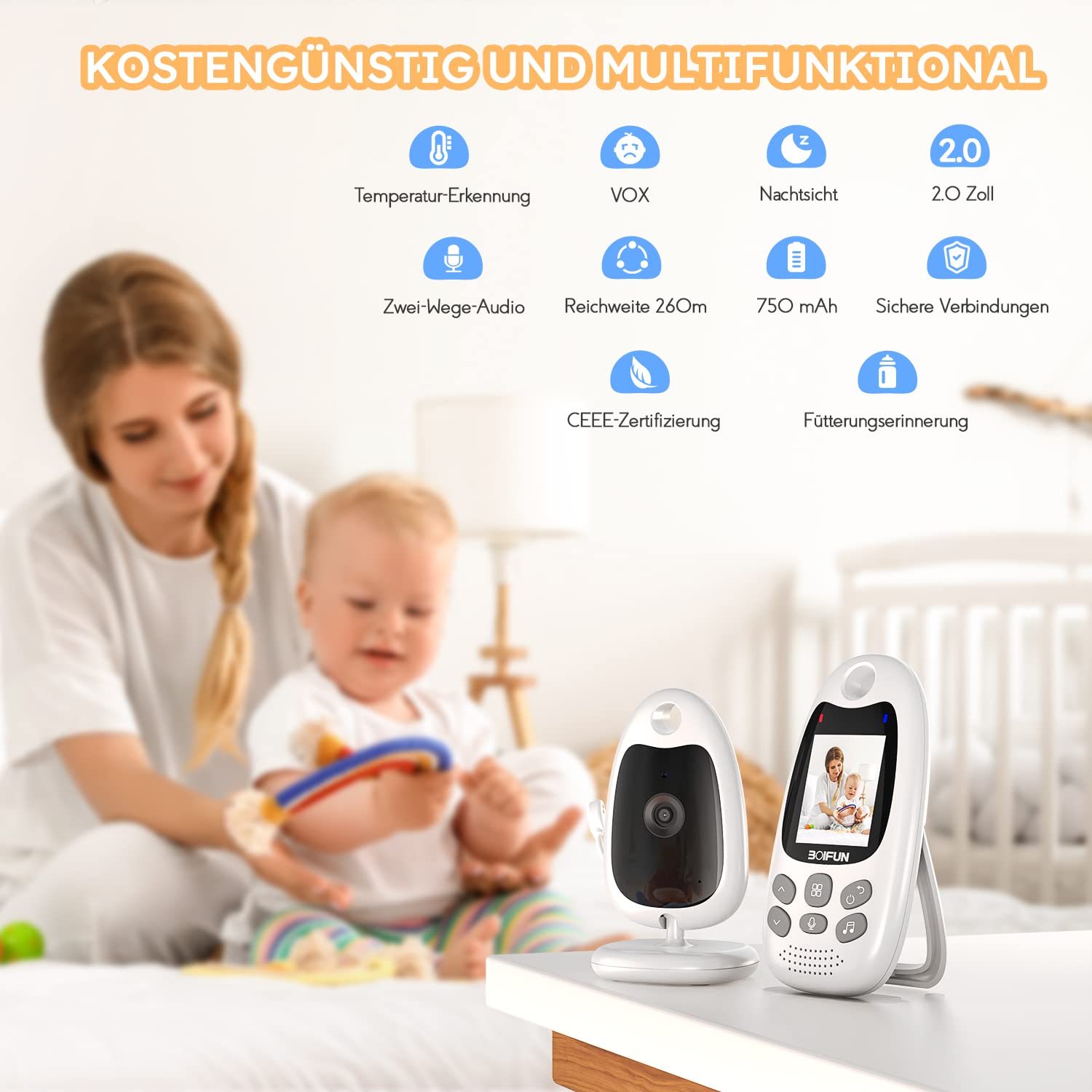 BOIFUN Babyphone mit Kamera 2 Zoll Tragbares Vox-Funktion Temperatursensor Nachtsicht-Video-Babyfon 2,4 Ghz, Intelligentes Standby Baby Monitor Gegensprechanlage Schlaflieder Lange Akkulaufzeit, 720p