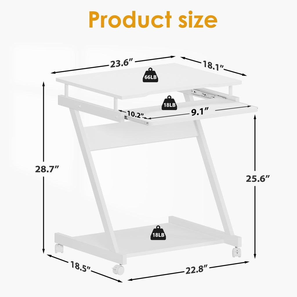 SogesHome Schreibtisch Klein Computertisch mit 4 Rollen 2 Davon mit Bremsen PC-Tisch in Z-Form mit Tastaturauszug für Zuhause und Büro, 60 x 48 cm