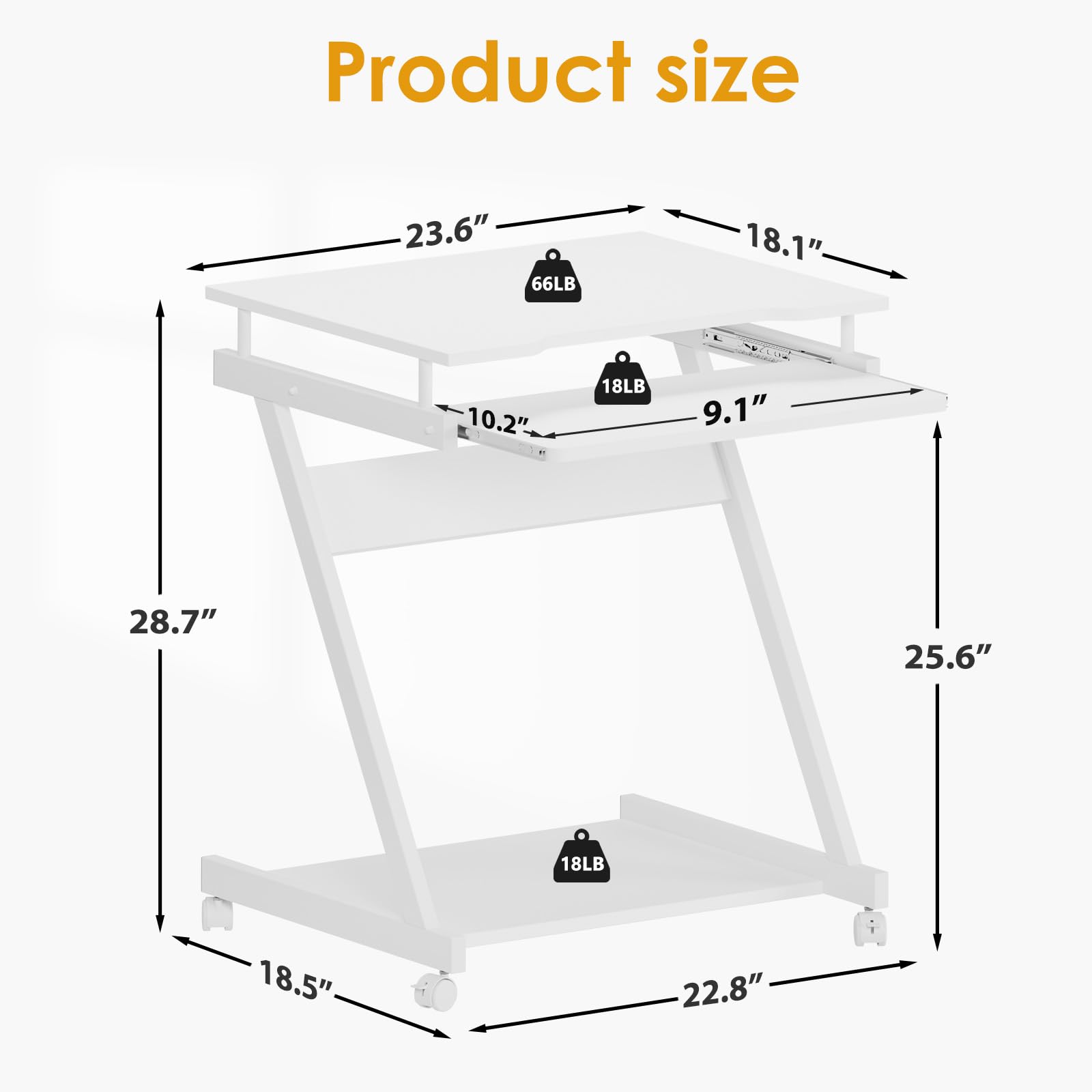 SogesHome Schreibtisch Klein Computertisch mit 4 Rollen 2 Davon mit Bremsen PC-Tisch in Z-Form mit Tastaturauszug für Zuhause und Büro, 60 x 48 cm