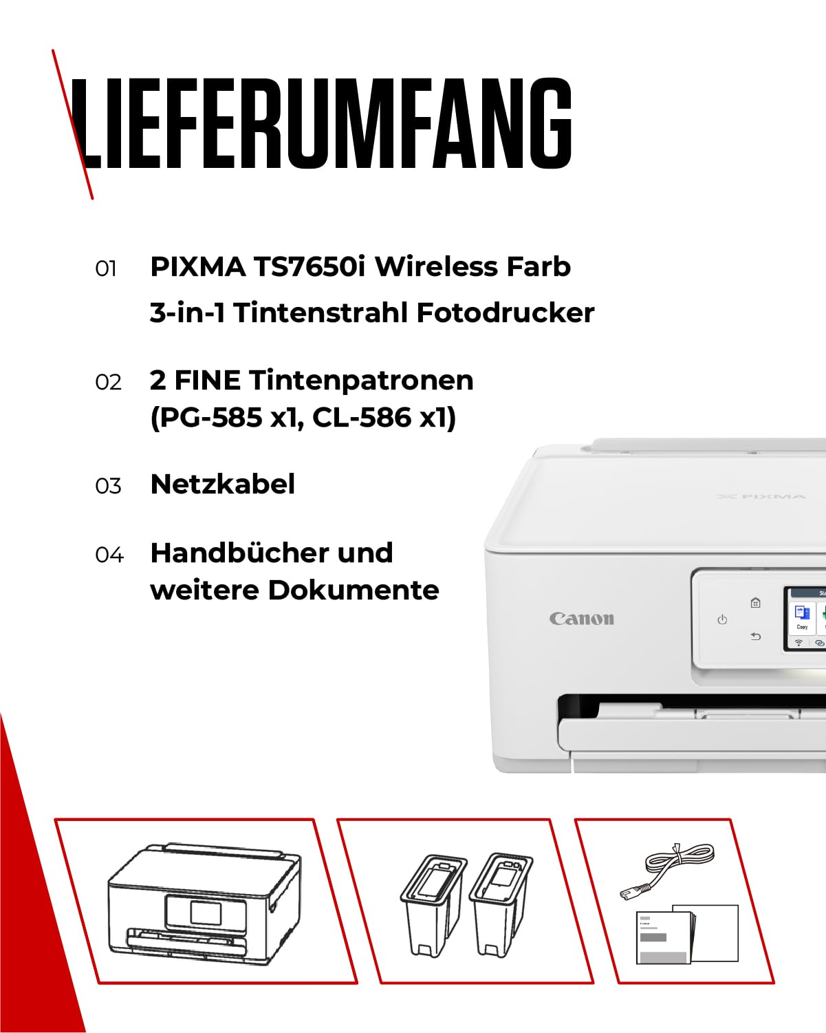 Canon PIXMA TS7650i Multifunktionsdrucker 3in1 (Tintenstrahl,Drucken, Kopieren, Scannen, A4, 6,7 cm Touch LCD, WLAN, Duplexdruck, 2 Papierzuführungen, kompatibel mit Pixma Print Plan ABO) Weiß