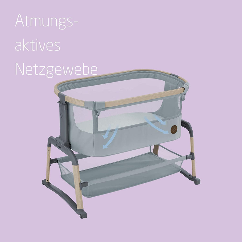 Maxi-Cosi Iora Air Beistellbett Baby, Co-Sleeper mit Allround-Netzgewebe, 0–6 Monate (9 kg), Schaukelmodus,5 Höhenstufen, Leichtes Schieben, Leicht zu Tragen, 2 Räder, Beyond Grey