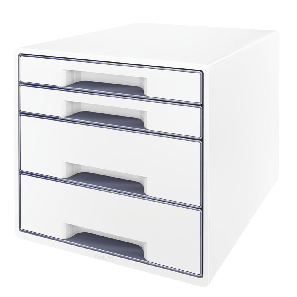 Leitz CUBE Schubladenbox mit 4 Schubladen, Weiß/Grau, A4, Inkl. transparentem Schubladeneinsatz, WOW, 52132001