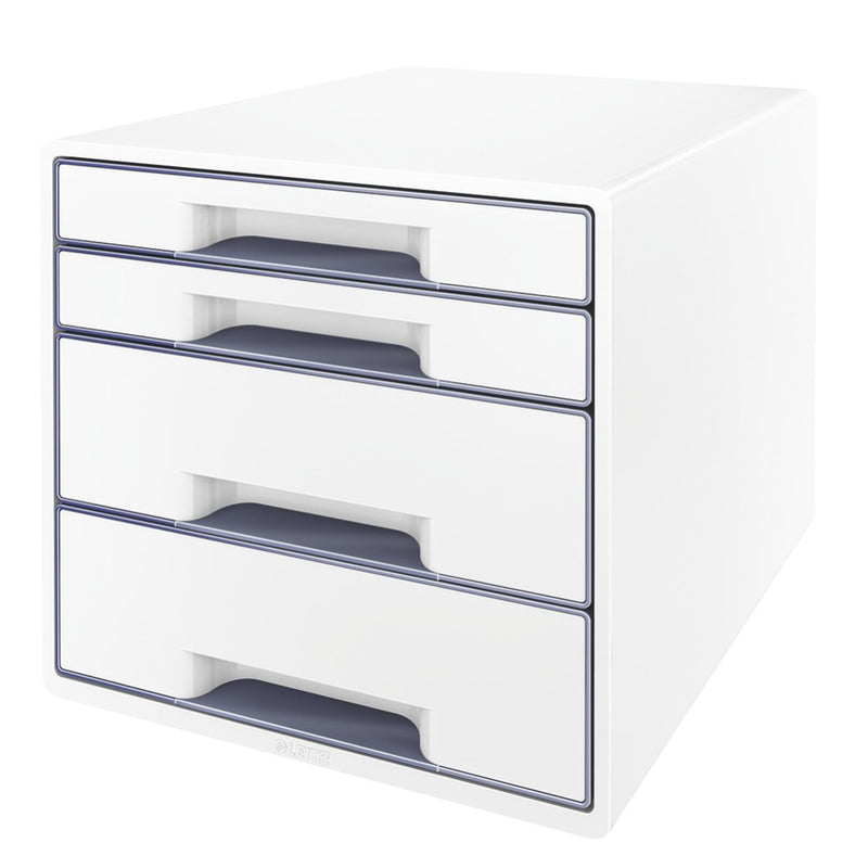 Leitz CUBE Schubladenbox mit 4 Schubladen, Weiß/Grau, A4, Inkl. transparentem Schubladeneinsatz, WOW, 52132001