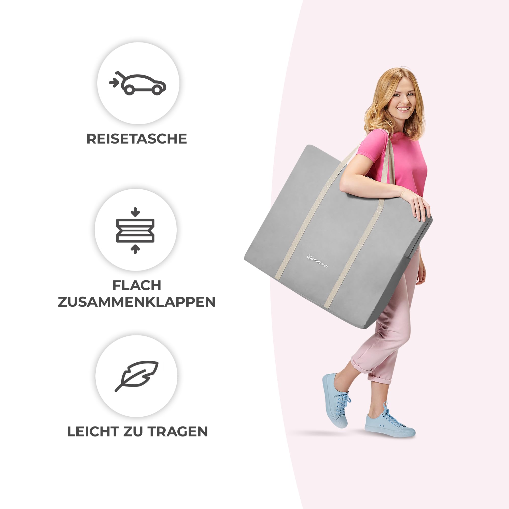 kk Kinderkraft Kinderkraft Kinderbett 3 in 1 lOVI, Kinderreisebett, Stubenwagen, Babywiege, Baby Wippe, Zusammenklappbar, Einfach Transport, mit Zubehör, Tasche, Moskitonetz,von Geburt bis 9 kg, Grau