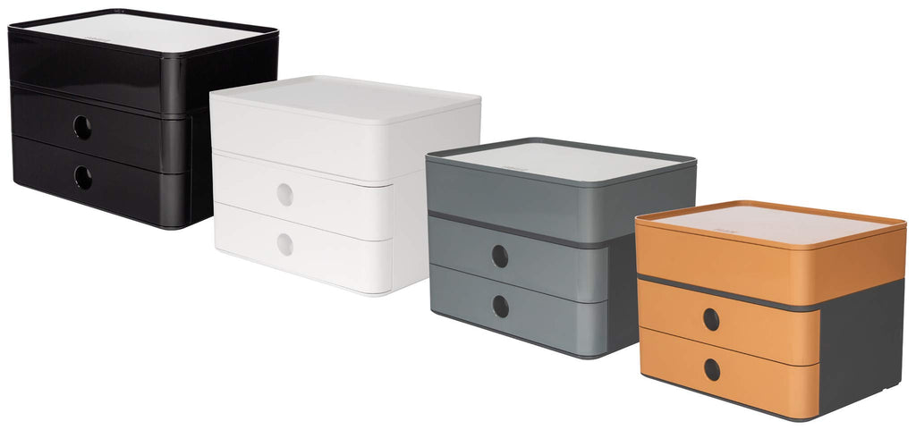 HAN Schubladenbox Allison SMART-BOX plus mit 2 Schubladen, Trennwand sowie Utensilienbox, inkl. Kabelführung, stapelbar, Büro, Schreibtisch, Küche, möbelschonende Gummifüße, 1100-12, hochglänzend weiß