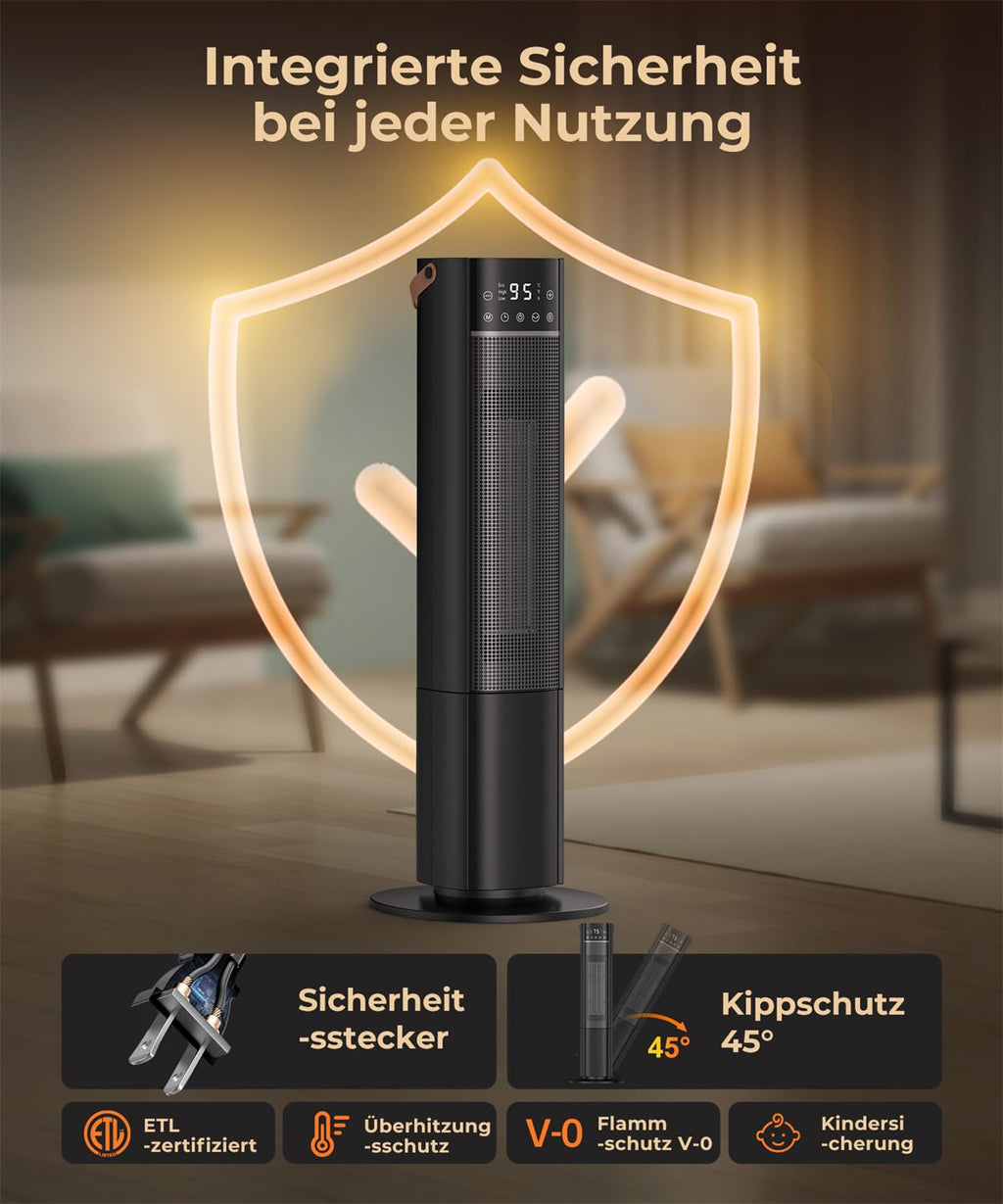 Heizlüfter Energiesparend, 2000W PTC Keramik Heizlüfter, 75° Oszillierend Elektroheizung mit Thermostat, Heizung Elektrisch Leise, 3 Modus, 24-Std-Timer, Überhitzungs- & Kippschutz