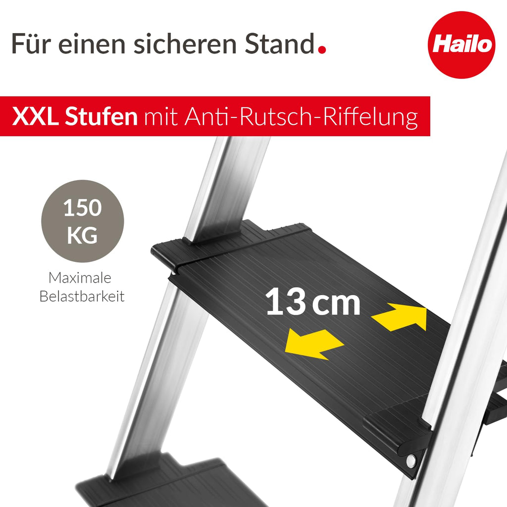 Hailo L100 Topline Alu-Sicherheits-Stehleiter - 5 XXL-Stufen bis 150 kg - Stehleiter mit ausziehbarem Haltebügel, Plattformverriegelung - viel Zubehör - klappbare Aluleiter Made in Germany - schwarz