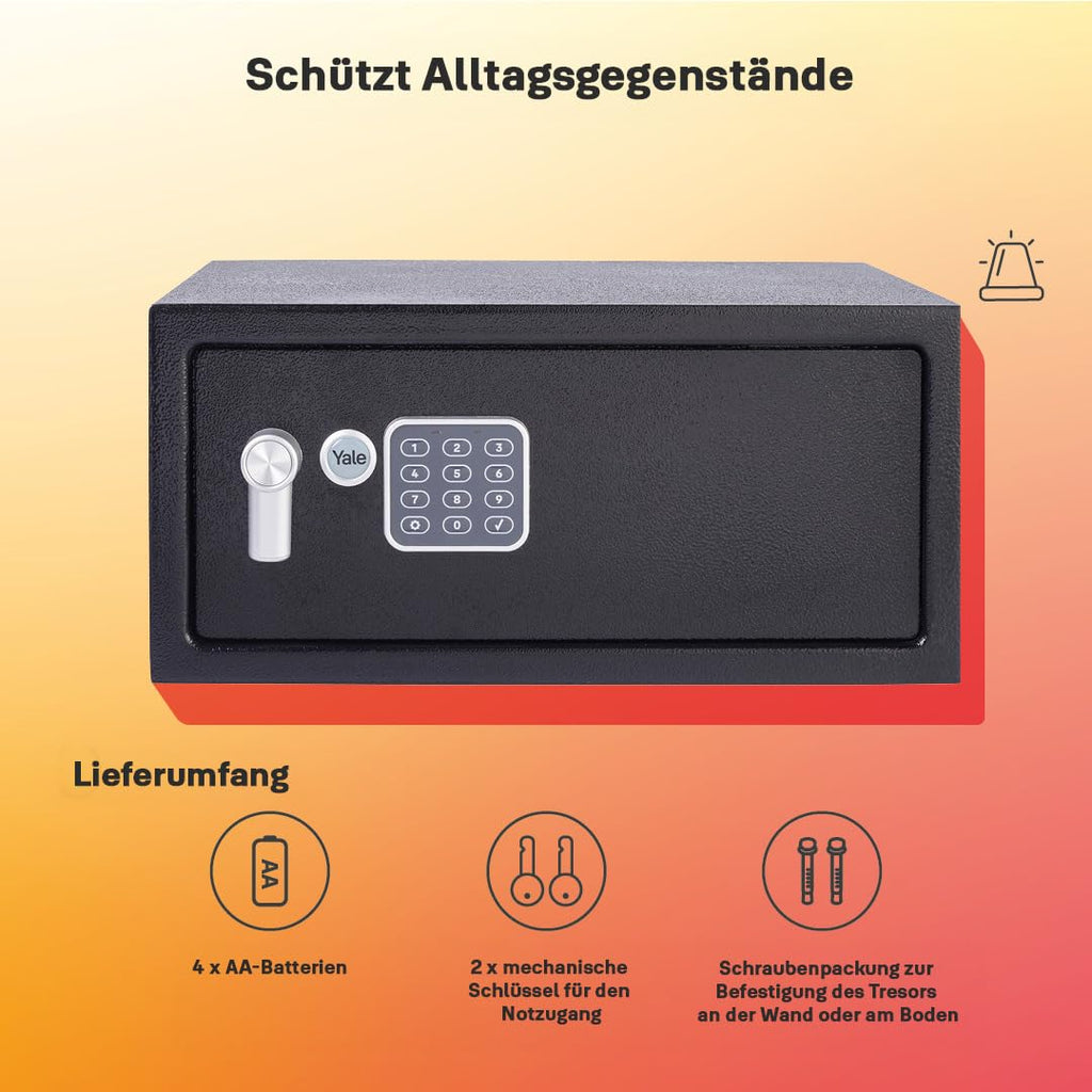 Yale Elektronischer Tresor mit Alarm YLC/200/DB2, 24 L, Schwarz – 3–6-stelliger PIN-Code, Mastercode, Doppelbolzenverriegelung, inkl. 2 Schlüssel, ideal für Laptop, Hotel & Zuhause