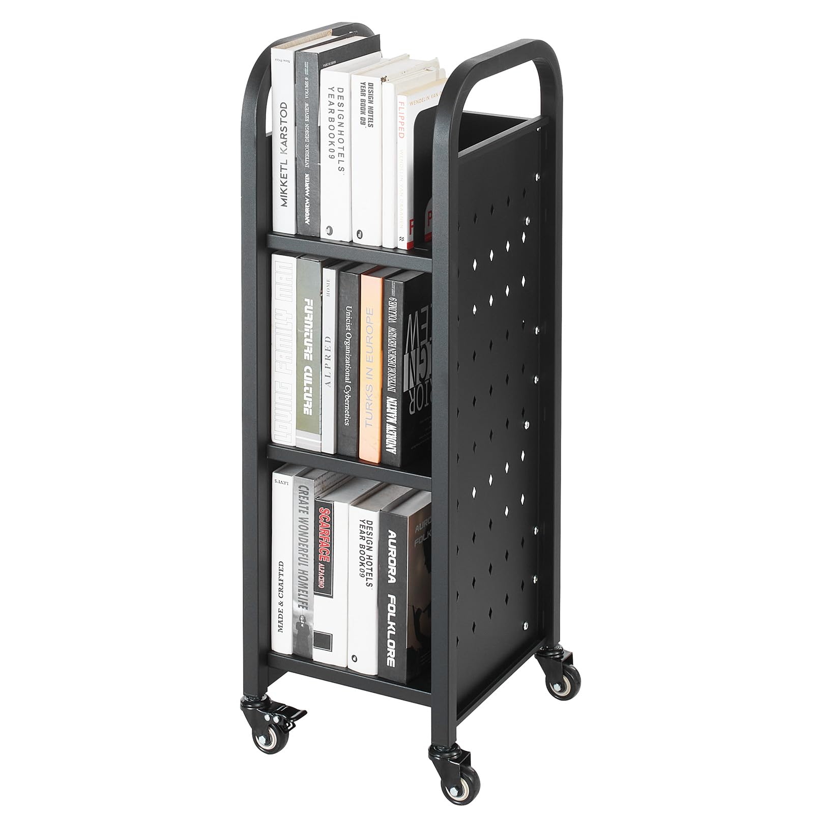 VEVOR Bücherwagen, 100 kg Tragkraft, Bibliothekswagen, 32 x 35 x 93,5 cm, einseitiges L-förmiges Bücherregal mit Doppelbremsrollen, Bücherregalwagen für Wohnzimmer, Büro, Schule, Schwarz