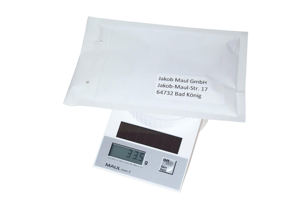 MAUL Briefwaage MAULtronic S 19,6x13x6,5 cm | Waage Solar bis 2kg belastbar | Moderne Küchenwaage mit 0,5 - 1g Teilung | Automatische Nullstellung und Abschaltautomatik | Weiß