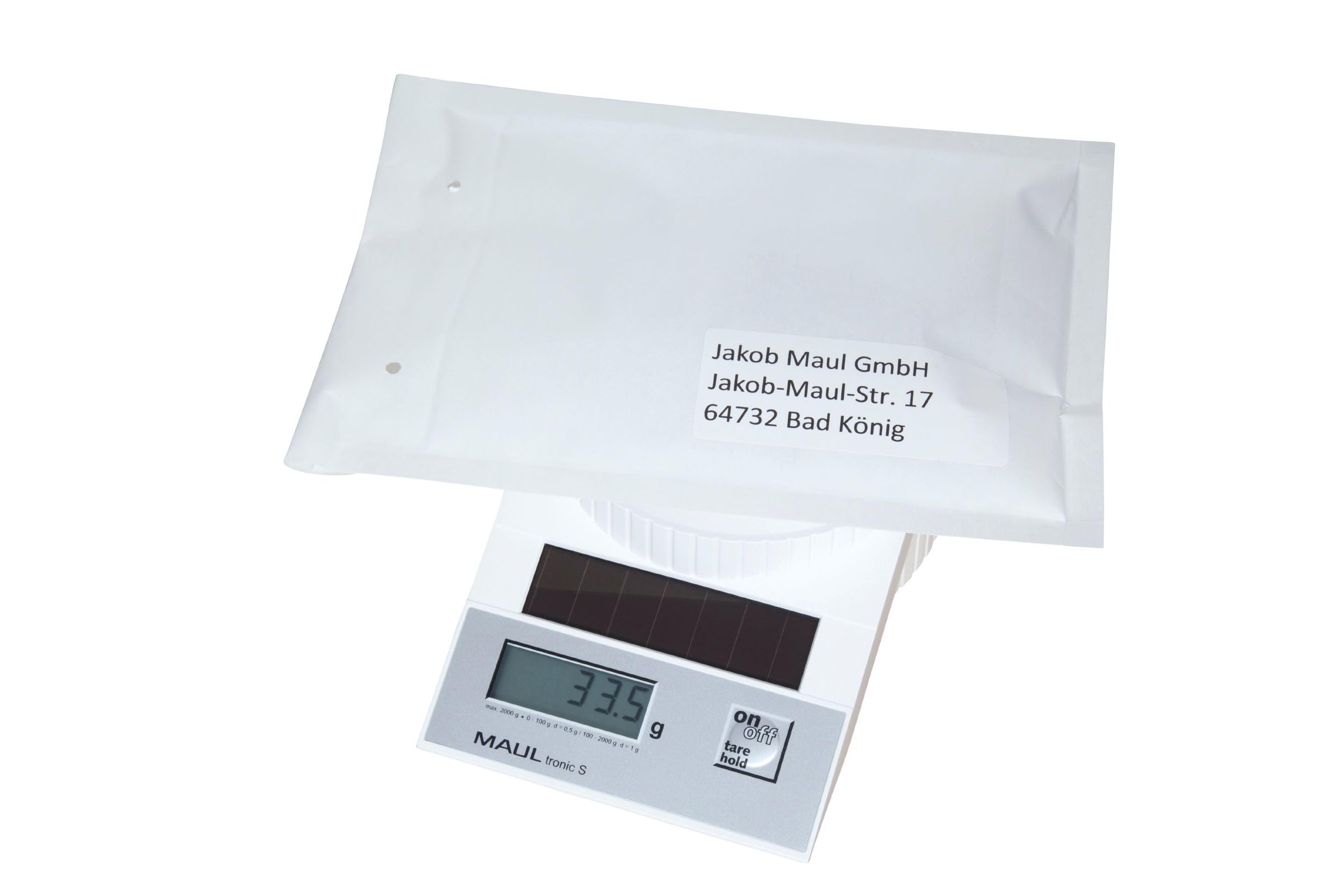 MAUL Briefwaage MAULtronic S 19,6x13x6,5 cm | Waage Solar bis 2kg belastbar | Moderne Küchenwaage mit 0,5 - 1g Teilung | Automatische Nullstellung und Abschaltautomatik | Weiß