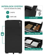 YITAHOME Rollcontainer, Abschließbar Rollcontainer mit 3 Schubladen, Metall Mobiler Aktenschrank Büroschrank mit Rollen für A4, Legal, Letter Home-Office, Hängeregistratur, Schwarz, 46 x 30 x 59cm