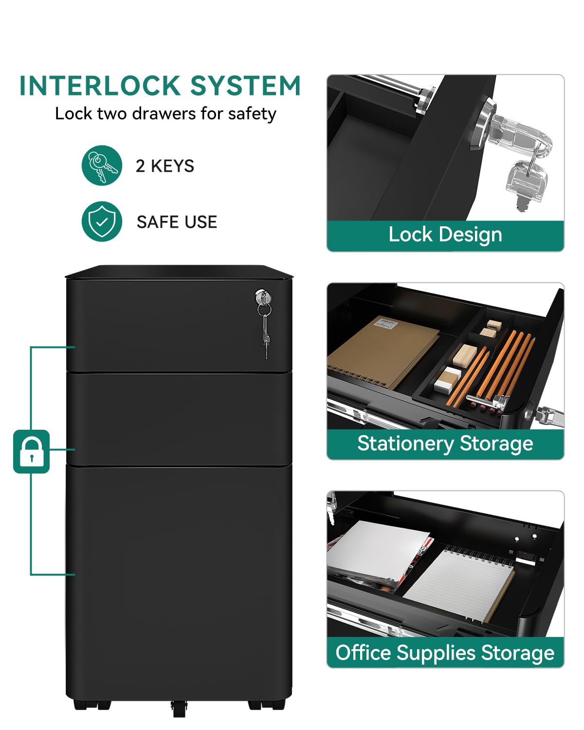 YITAHOME Rollcontainer, Abschließbar Rollcontainer mit 3 Schubladen, Metall Mobiler Aktenschrank Büroschrank mit Rollen für A4, Legal, Letter Home-Office, Hängeregistratur, Schwarz, 46 x 30 x 59cm