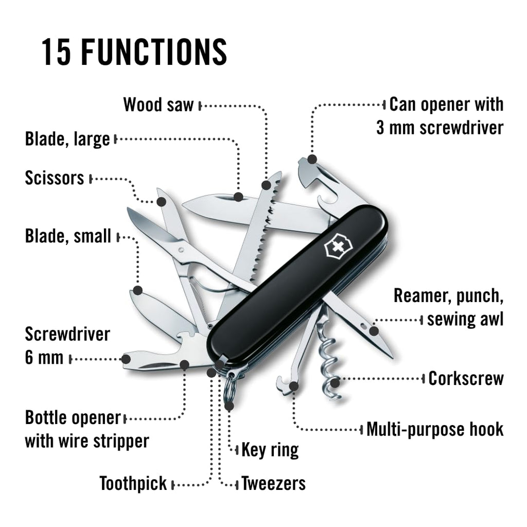 Victorinox Schweizer Taschenmesser Huntsman, Multitool, Swiss Army Knife mit 15 Funktionen, Klinge, Korkenzieher, Dosenöffner, Faltschachtel, Schwarz